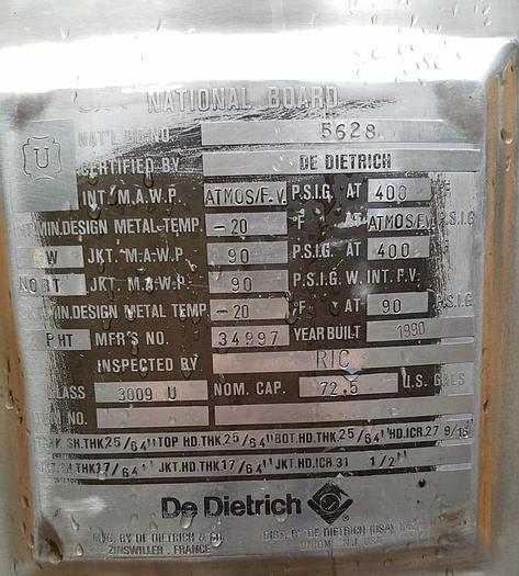 Used 72.5 GALLON DeDIETRICH PHARMA REACTOR BODY – GLASS LINED (#9079)