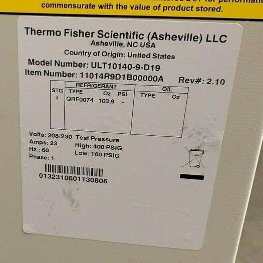 Used Thermo Scientific ULT10140-9-D19  -150 C Laboratory Chest Freezer 230V