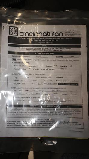 Used Cincinnati Fan PB-10A Blower #44352