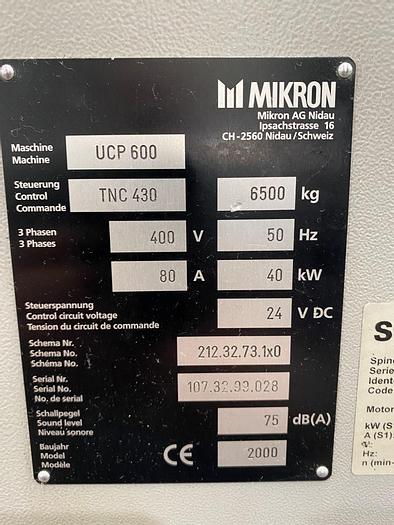 Used 2000 Mikron UCP 600 5 Axis Machining Center