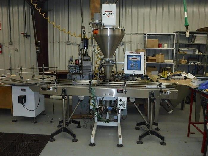Used ALL-FILL CEREBUS III SHAA400 FILLER WITH CONVEYOR, LABELER & ACCUM. TABLE