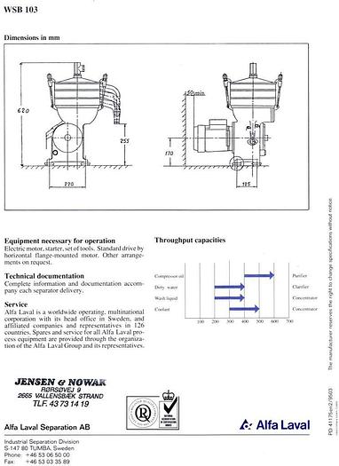 Used Alfa Laval WSB 103 separator for liquid/liquid/solids separation
