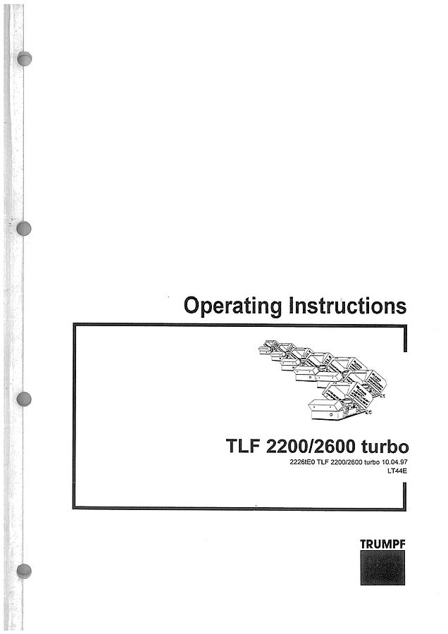 Used Manual for Used Trumpf Machine Laser Type TLF 2200/2600 Turbo – Operating Instructions