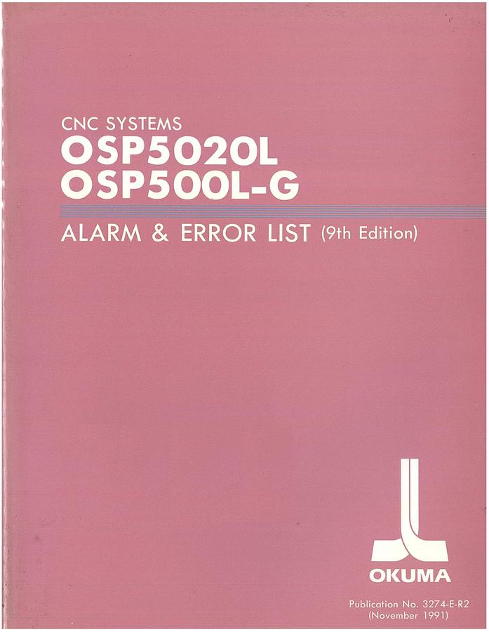 Used Manual for Used Okuma Machine CNC Systems OSP5020L, OSP500L-G – Alarm & Error List