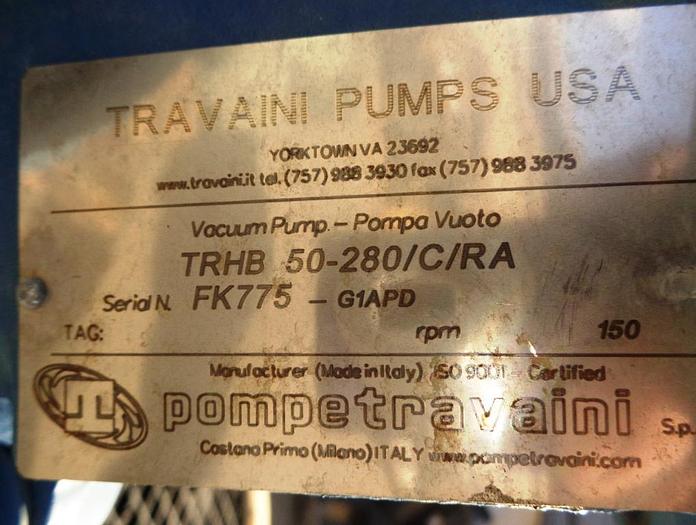Used Pump, Vacuum, 15 HP, Liquid Ring, Travaini, 133 CFM #S743031