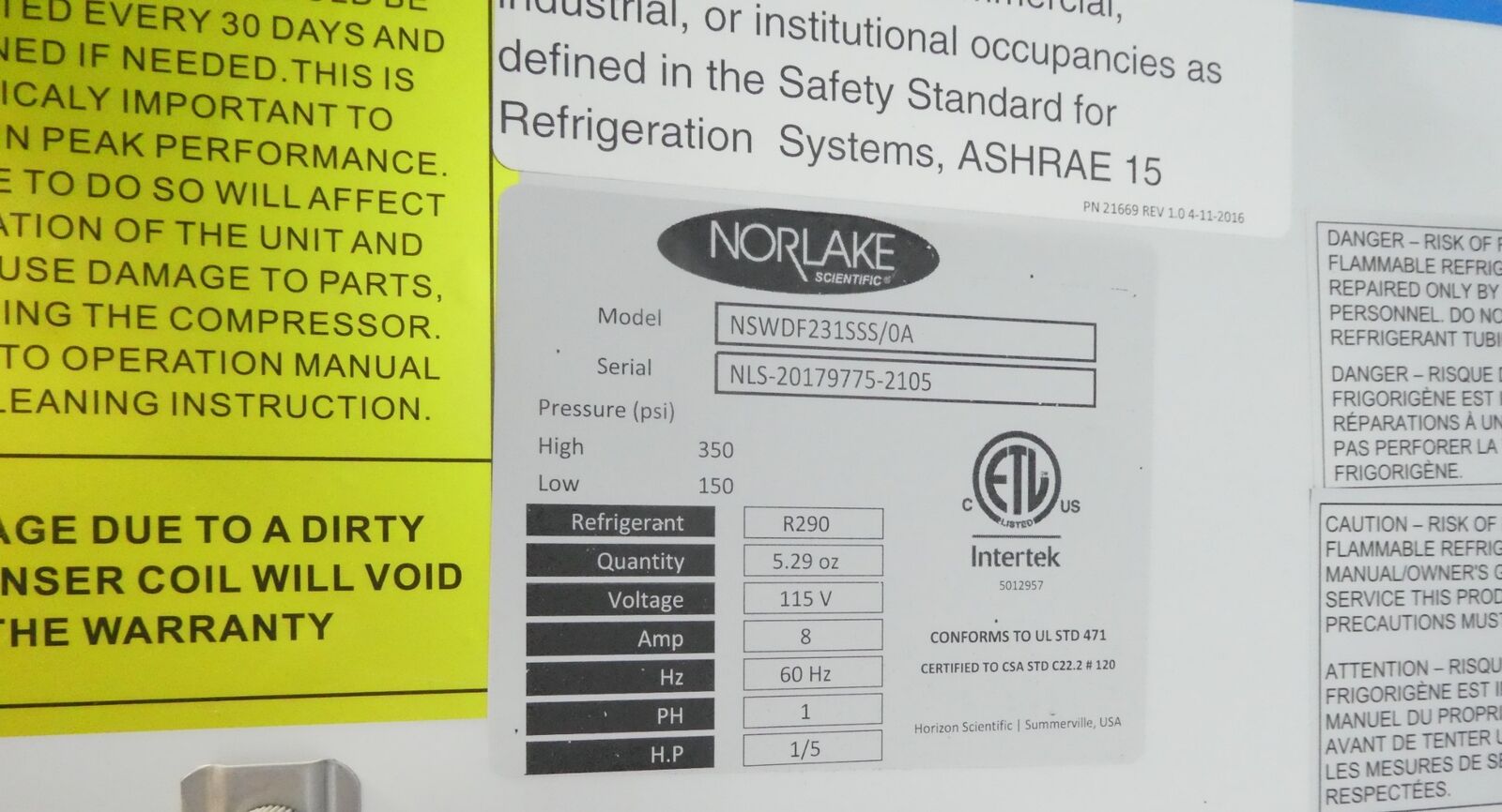 Used Nor-Lake Scientific - NSWDF231SSS/0A - White Diamond Series Lab Freezer