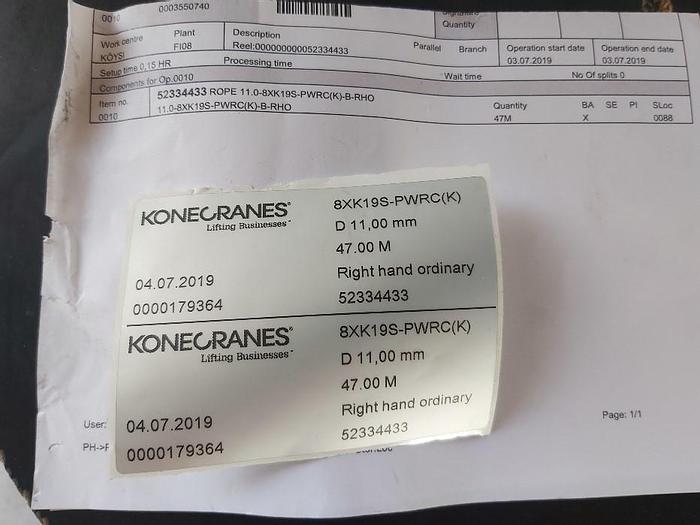 47m Kranseil, D11mm, Galvanisiert, 8XK19S-PWRC(K) 132 KN, Zertifikat, Konecranes neu -50%