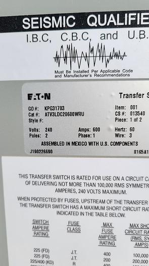 Used 2019 Kohler 600AMP Single Phase ATS