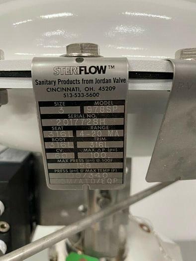 Used Steriflow 978SP 3" Sanitary Control Valve w/ Siemens PS2 HART Positioner