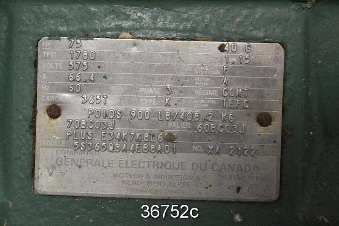 Used General Electric 75 HP Ac Motor, 1780 RPM, 575 Volts, 365t Frame, 5S365QBA4EB8A01 #36752