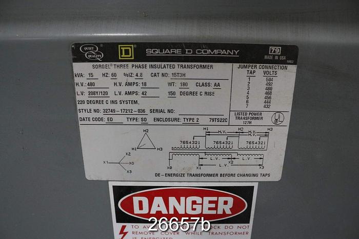 Used Square D Three Phase Lighting Transformer, 15 Kva, 480V Primary, 208Y/120V Secondary #26657