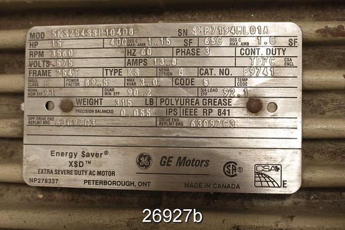 Used General Electric 5KS254SSP104D8 General Electric 15 Hp,  254T Frame, 3560 Rmp, 575 Volts. #26927