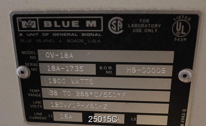 Used Blue M OV-18A Lab Oven, 1900 Watts, Temp Range 38-288 Degrees C/550 Degrees F, 120 Volts, 1 Ph, 60 Hz, B.O.M. No-00009 Line Current Line 1 16A, Line 2 16A, Stabil-Therm Gravity Oven #25015