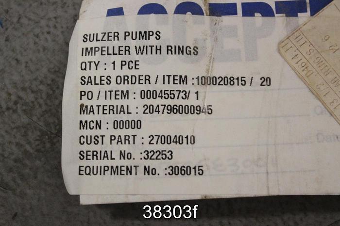 Used Sulzer Bingham CF 10x10x12-1/2 Impeller, 5 Vane, 12.5" #38303