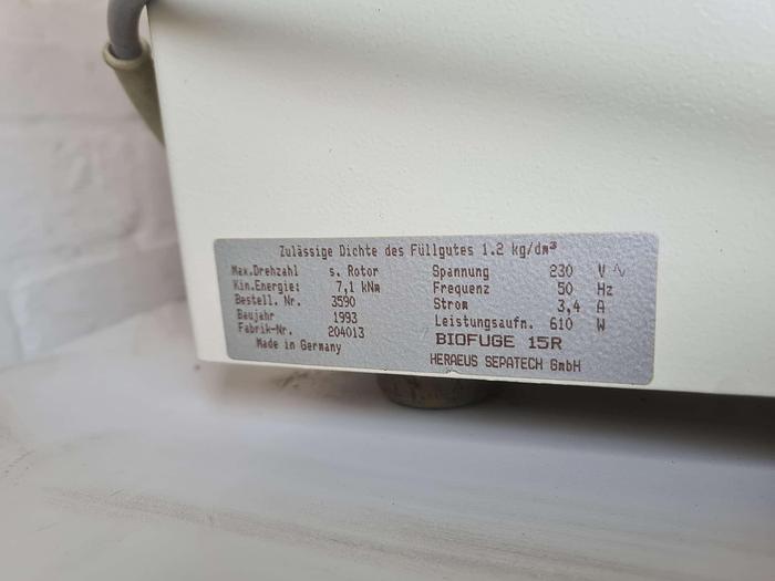 Used Hereaus Sepatech Biofuge 15R Refrigerated Centrifuge 
