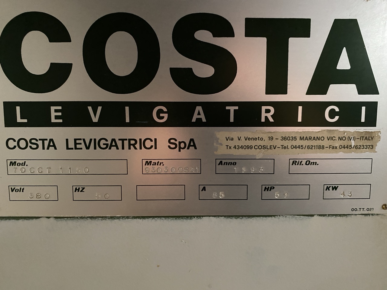 Usato Costa 70 CCT 1150 Calibratrice Costa Rullo+Rullo+Tampone non tappeto da sostituire