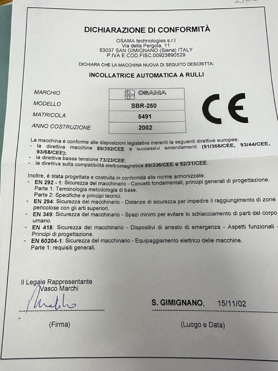 Usato Osama SBR-250 Spalmacolla