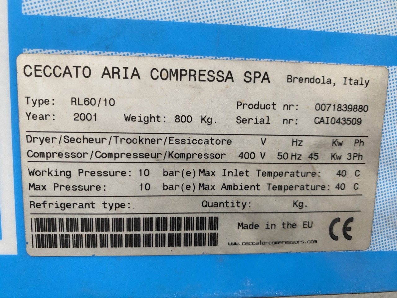 Usato 2001 Ceccato RL60/10 Compressore 10 bar