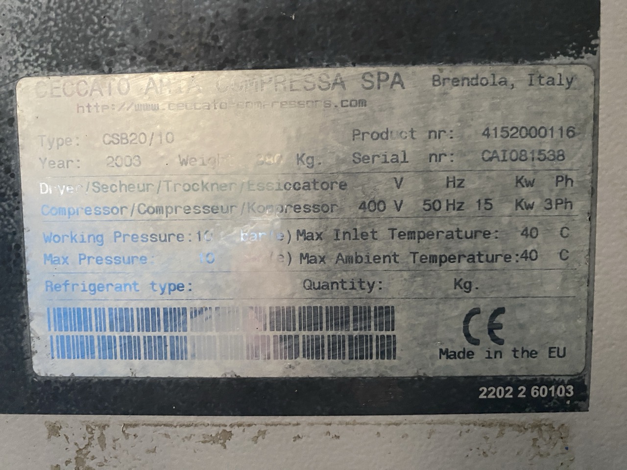 Usato 2003 Ceccato CSB20/10 Compressore completo di essiccatore e serbatoio per aria
