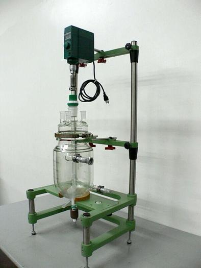 Used Chemglass 5 Liter Jacketed Glass Reactor w/ Chemglass Digital overhead Stirrer