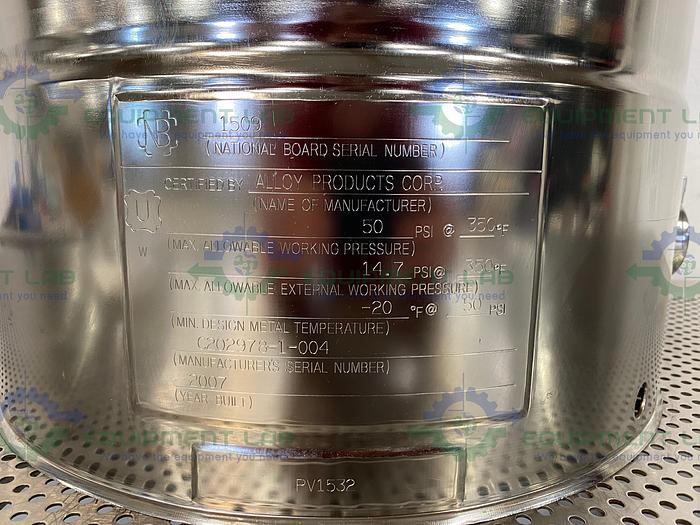Used Alloy Products 45 Liter Stainless Steel Reactor 50 PSI w/ Bottom Drain & Valves
