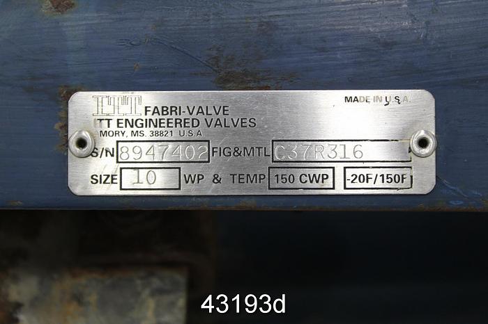 Used Fabri-Valve 10" Hand Operated Knife Gate Valve #43193
