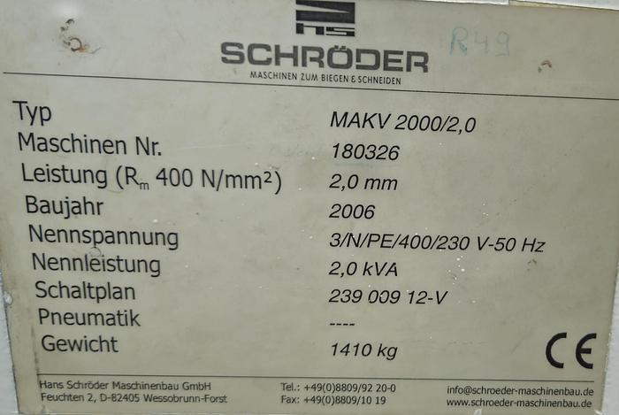 Gebraucht Schwenkbiegemaschine Schröder MAKV 2000/2,0