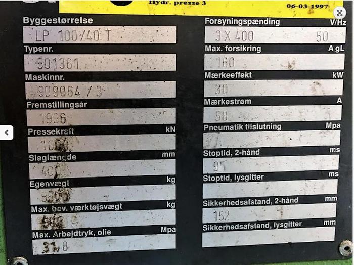 Used USED HYDRAULIC PRESS, MANUF. STENHØJ, MODEL LP 100/40 T, SERIAL NO.…