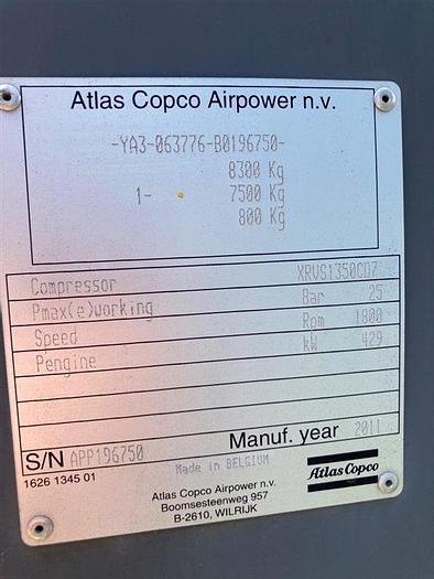 Used 2011 Atlas Copco DrillAir XRVS 1350 CFM / 365 PSI Air Compressor