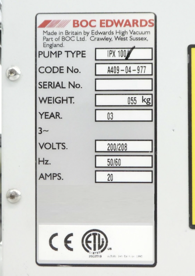 Used EDWARDS IPX 100L A409-04-977 Vacuum Dry Pump Working Spare