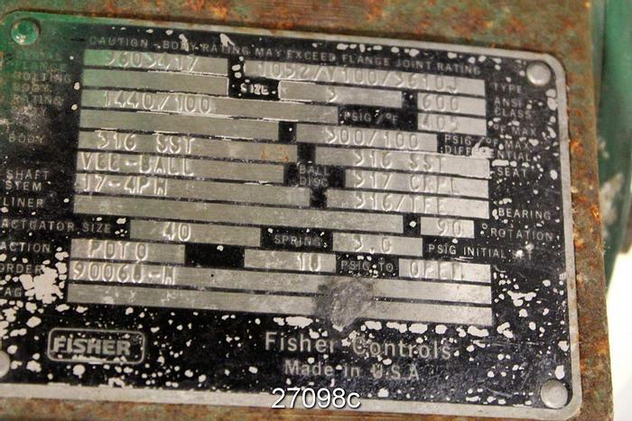 Used Fisher V100 Control V-Ball Valve, 3", 316 Stainless Steel Body, 17-4 Ph Shaft, Ball/Disc 317 Stainless Steel, 316 Stainless Steel Seat, Type 1052 Actuator, Size 40, Action Pdto, Series 3600 Positioner, Cl600 Rating Wafer. #27098