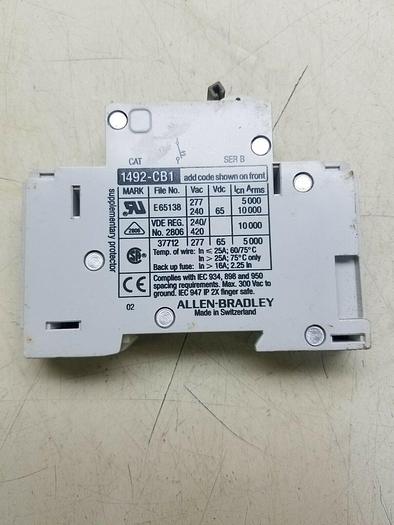 Used Allen Bradley 1Pole 25Amp Circuit Breaker Cat No 1492-CB1-G250 Ser. B