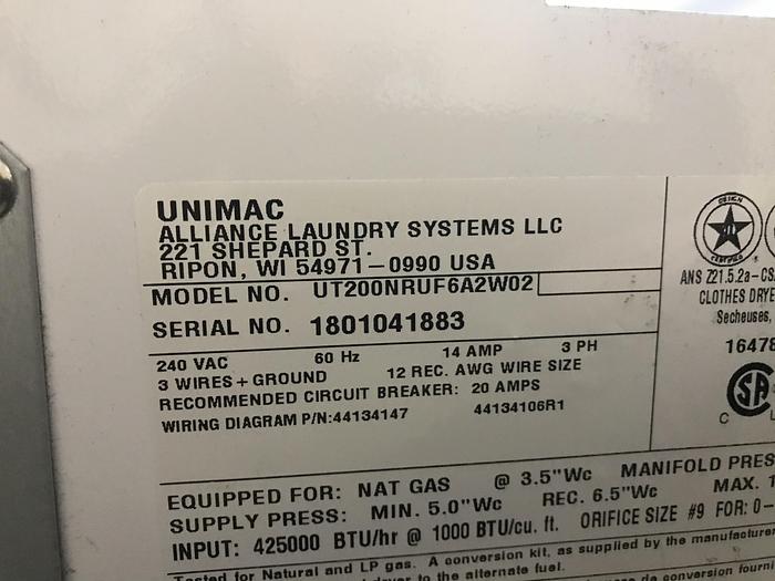 Used 2018 UNIMAC 200LB GAS DRYER