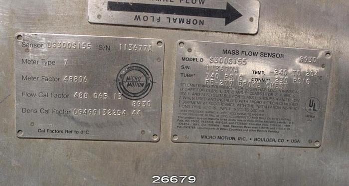 Used Micromotion DS300S155 3", Meter Type 7, Meter Factor 48806, Flow Call Factor 488.065.13, Dens Cal Factor 09499132254.44 Tube 740 Psig, Temp -240 To 204°C, Conn 230 Psig, Cal Factors Ref To 0°C #26679