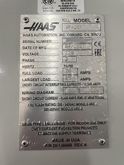 Used 2021 HAAS VF-2SS CNC Vertical Machining Center