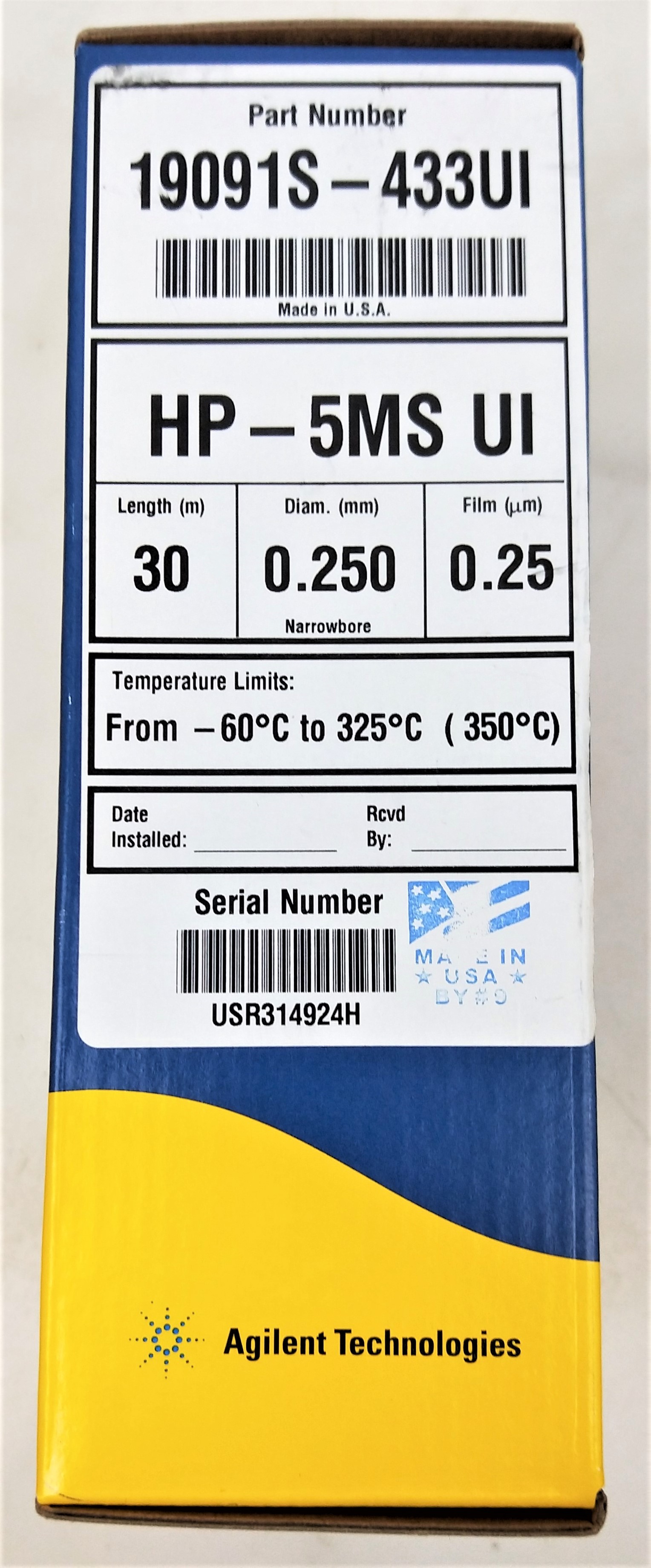 New Open Box Agilent HP-5MS UI (19091S-433UI) Capillary Column - 30M x 0.25mm x 0.25µm