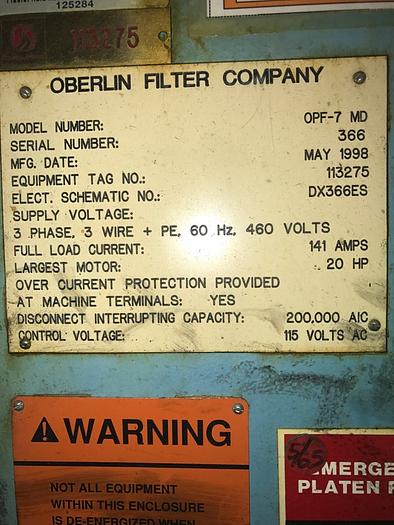 Used OBERLIN PRESSURE FILTRATION SYSTEM MODEL OPF-7-MD