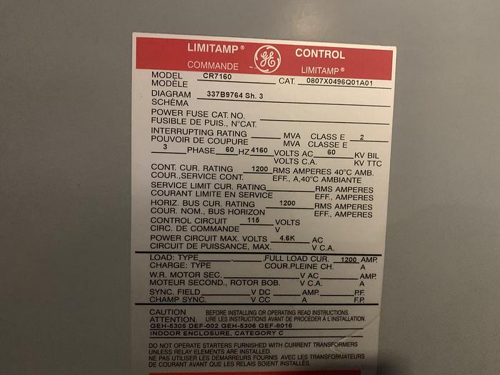 Used GENERAL ELECTRIC LIMITAMP CR7160  HP CONTROLLER W/ DRAW-OUT AIR-BREAK CONTACTOR