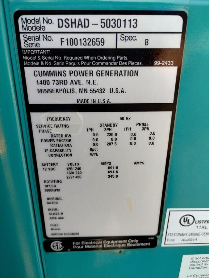 Used 2010 Cummins Onan DSHAD 230 Kw Diesel Standby Generator 276 Hrs