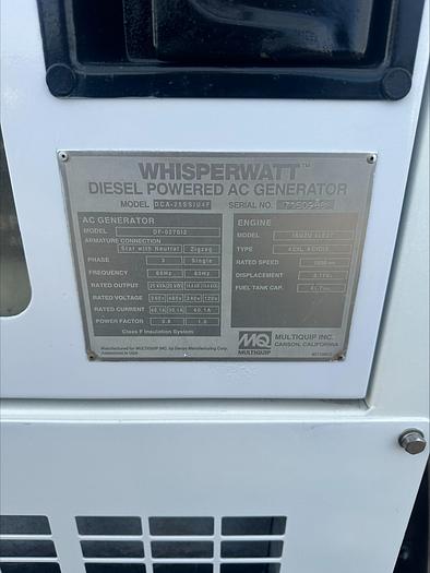 Used MQ MultiQuip WhisperWatt 25 KVA 20 Kw towable generator DCA-25SSIU4F 2487 HRS