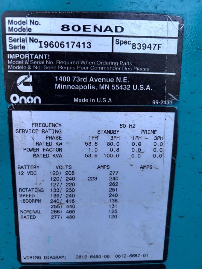 Used Cummins Onan 80ENAD 80 Kw Natural Gas & Propane Standby Generator 633 HRS
