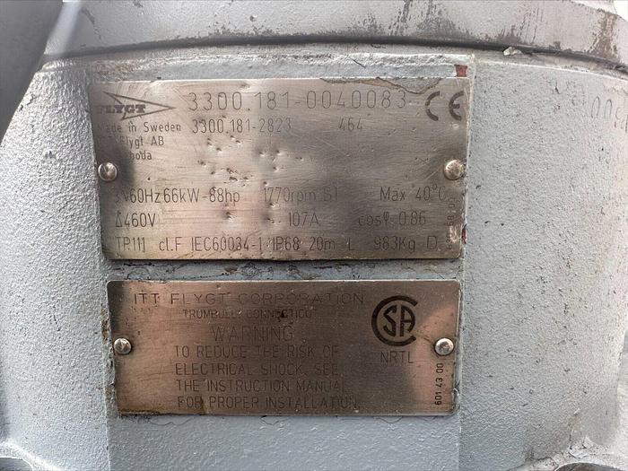 Used Flygt 3300.181 6" 88 HP 460v Large Volume Submersible Dewatering Water Pump