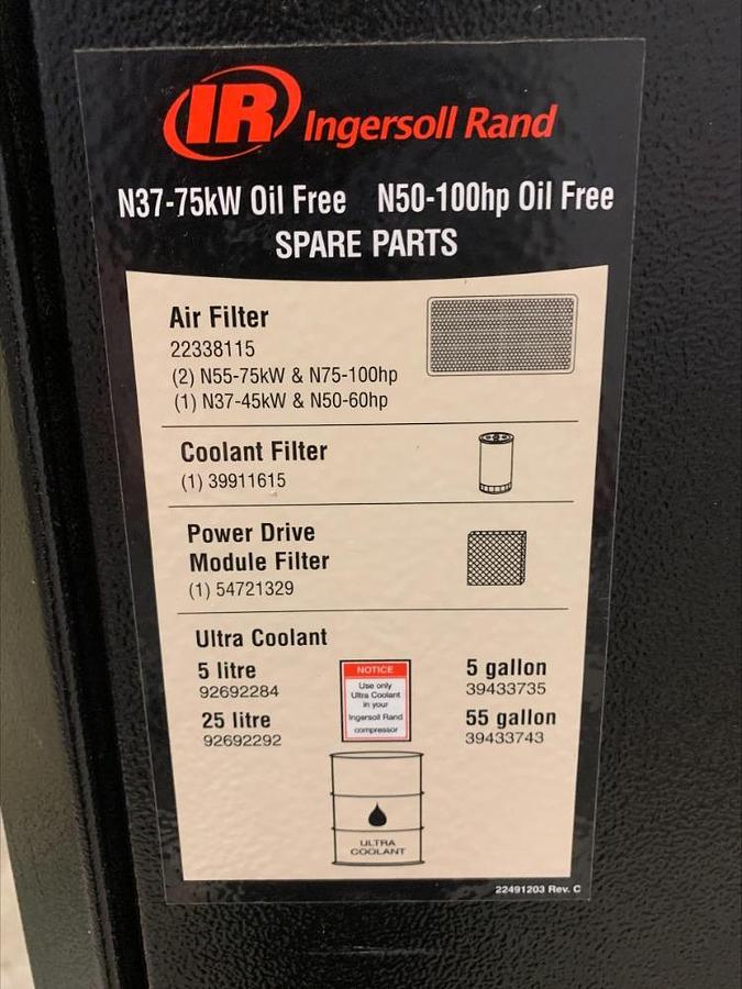 Used 2022 Ingersol Rand IR IRN100H OF Oil Free 100 Hp VSD Rotary Screw Air Compressor