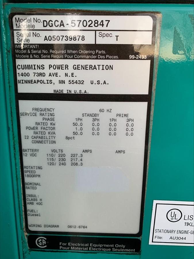 Used Cummins Onan 50 Kw Diesel Standby Generator