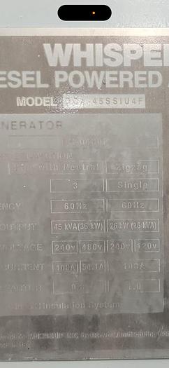 Used MQ MultiQuip WhisperWatt 45 KVA 36 Kw towable generator DCA-45SSIU4F 5280 HRS