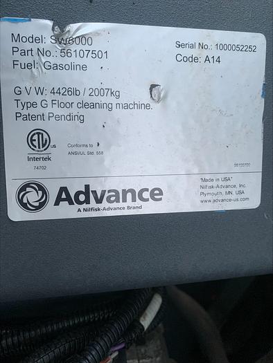 Used Advance SW8000 Ride on Sweeper Kubota 77" Warehouse Parking Lot indoor/outdoor 368 HRS