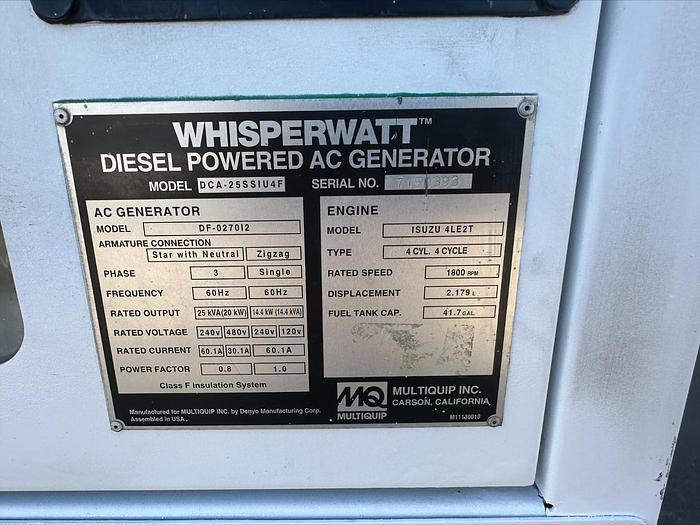 Used MQ MultiQuip WhisperWatt 25 KVA 20 Kw towable generator DCA-25SSIU4F 2841 HRS
