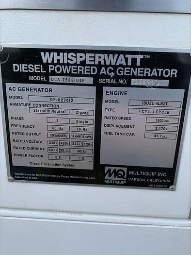 Used 2019 MQ MultiQuip WhisperWatt 25 KVA Towable Generator DCA-25SSIU4F 1269 HRS