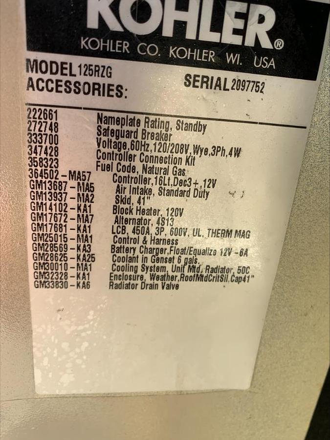 Used Kohler 125RZG 125Kw Standby & Prime Natural Gas Propane Generator 676 Hrs