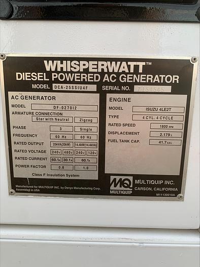 Used 2018 MQ MultiQuip WhisperWatt 25 KVA Towable Generator DCA-25SSIU4F 1870 HRS